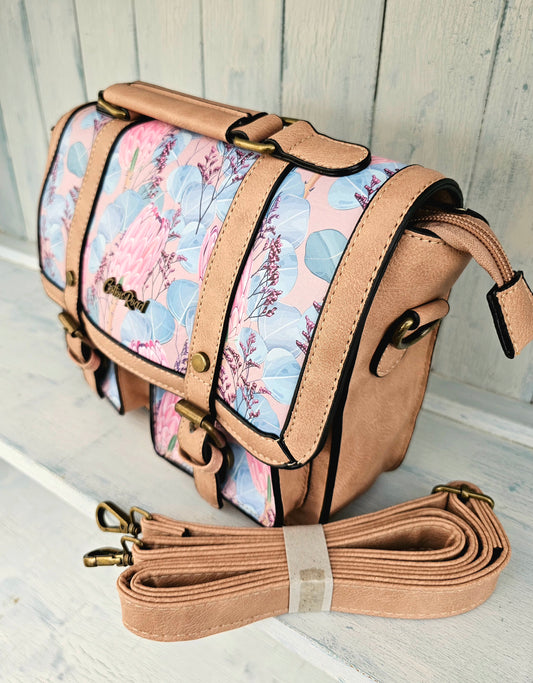 Tan Handbag - Pink Proteas