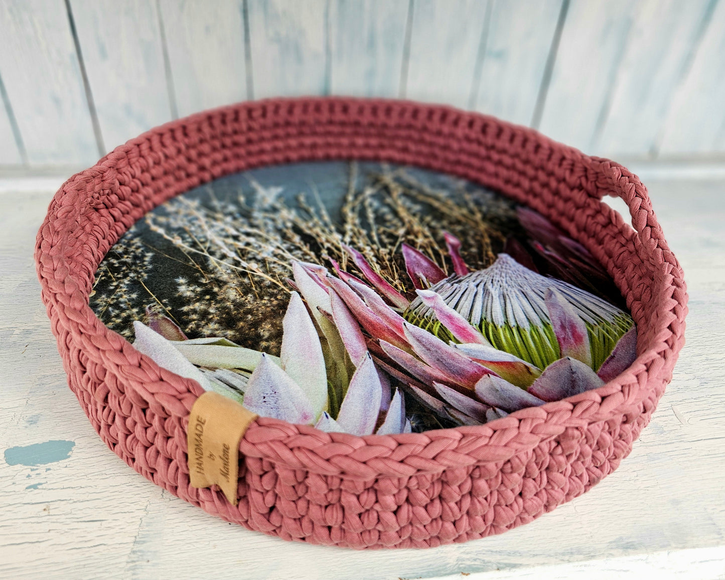 Braided hand crafted tray Rose Pink Proteas 40cm