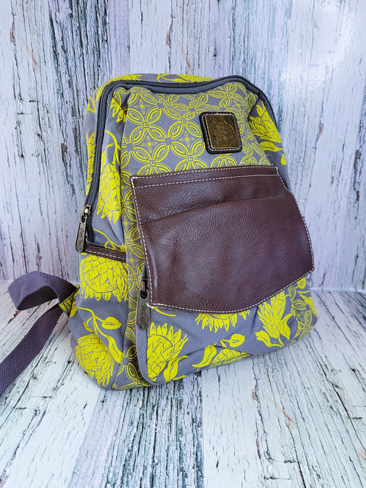 Backpack - Yellow Proteas and brown leather trimming