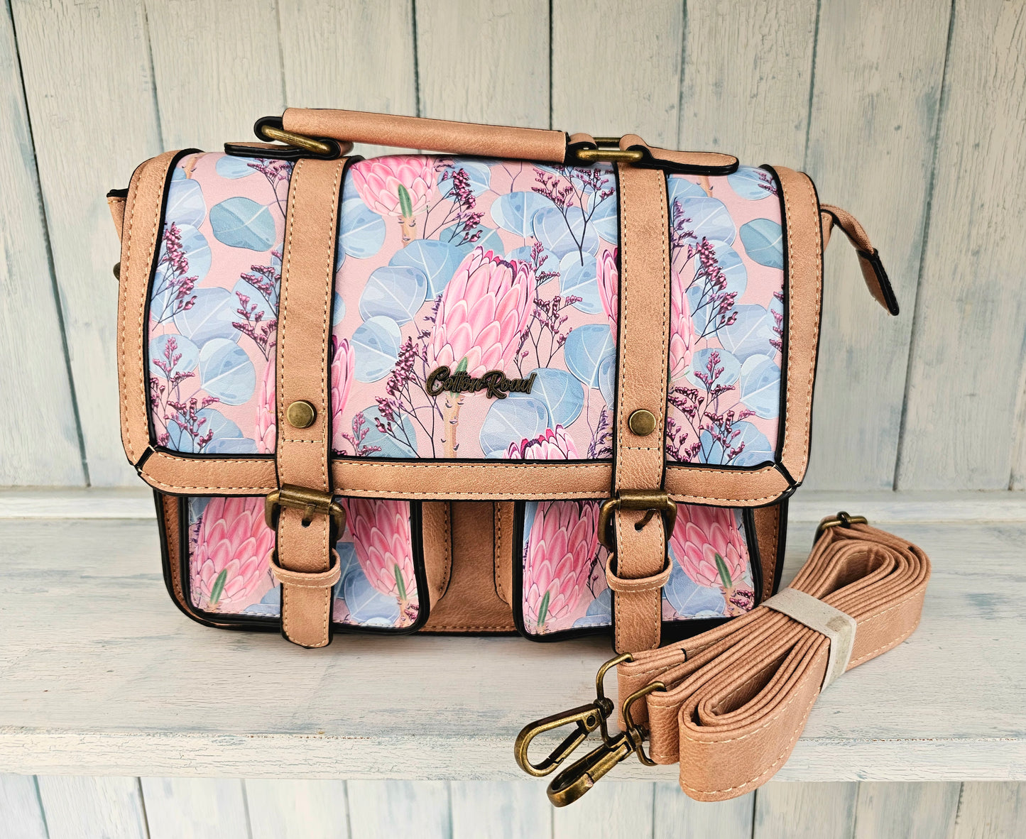 Tan Handbag - Pink Proteas