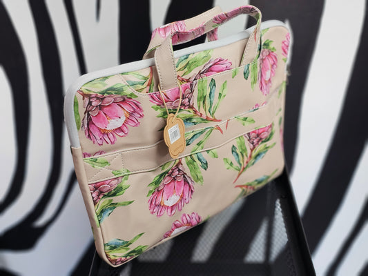 Beige with pink proteas -  laptop bag