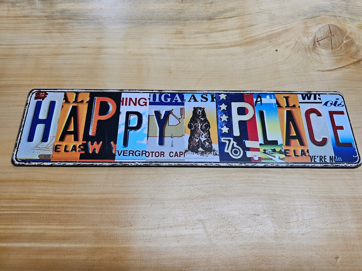 Happy Place wooden number plate