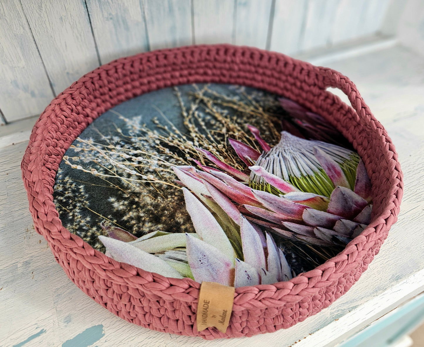 Braided hand crafted tray Rose Pink Proteas 40cm