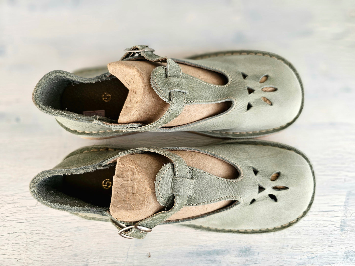 Sage Green High grain leather baby doll vellies