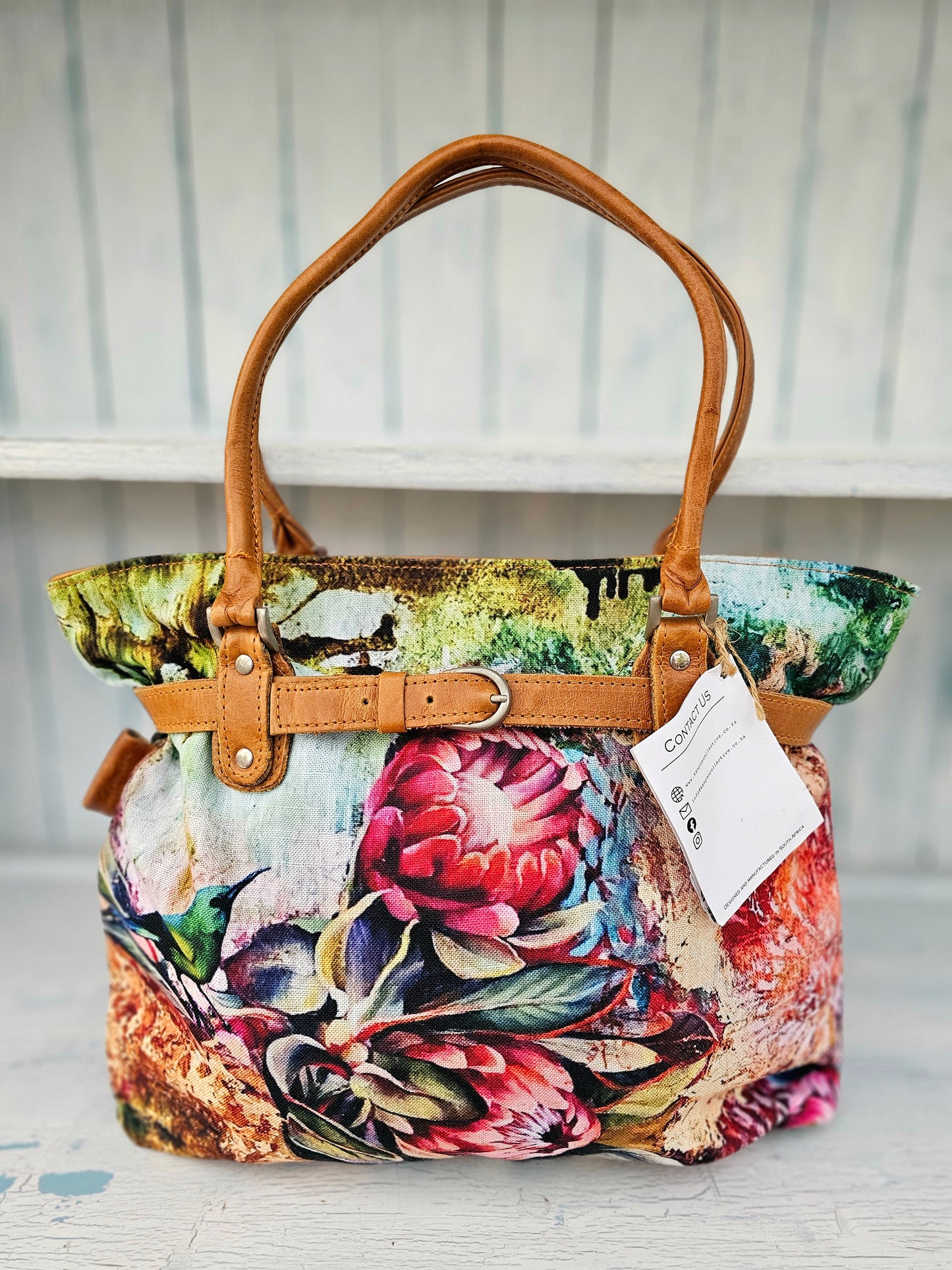 Canvas & high grain leather - Protea Botanical handbag