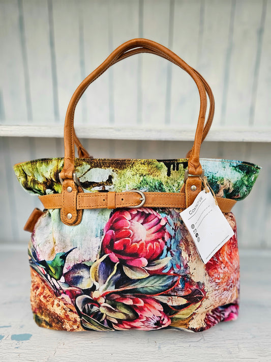 Canvas & high grain leather - Protea Botanical handbag