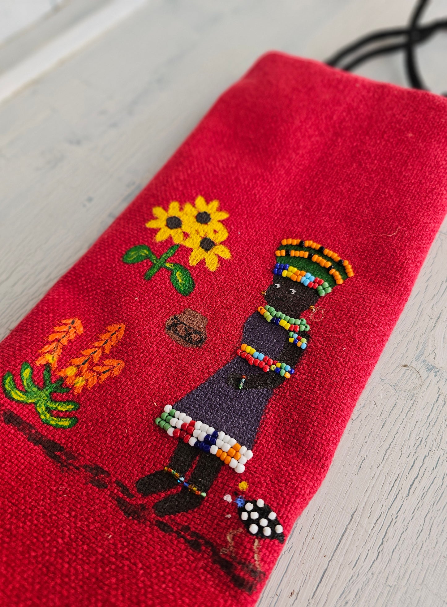 Beaded, hand painted wine bag lined with shweshwe
