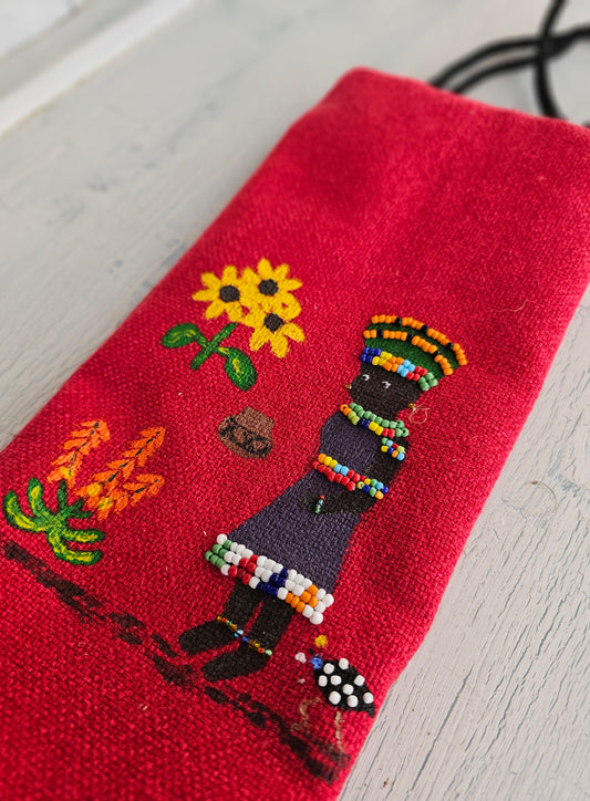 Beaded, hand painted wine bag lined with shweshwe