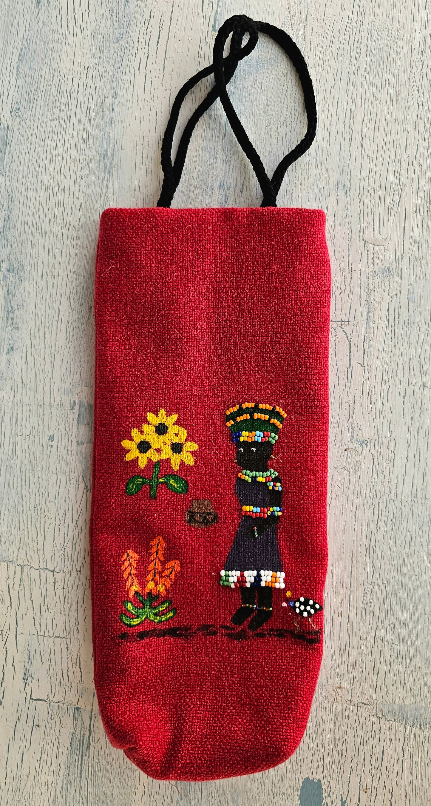 Beaded, hand painted wine bag lined with shweshwe
