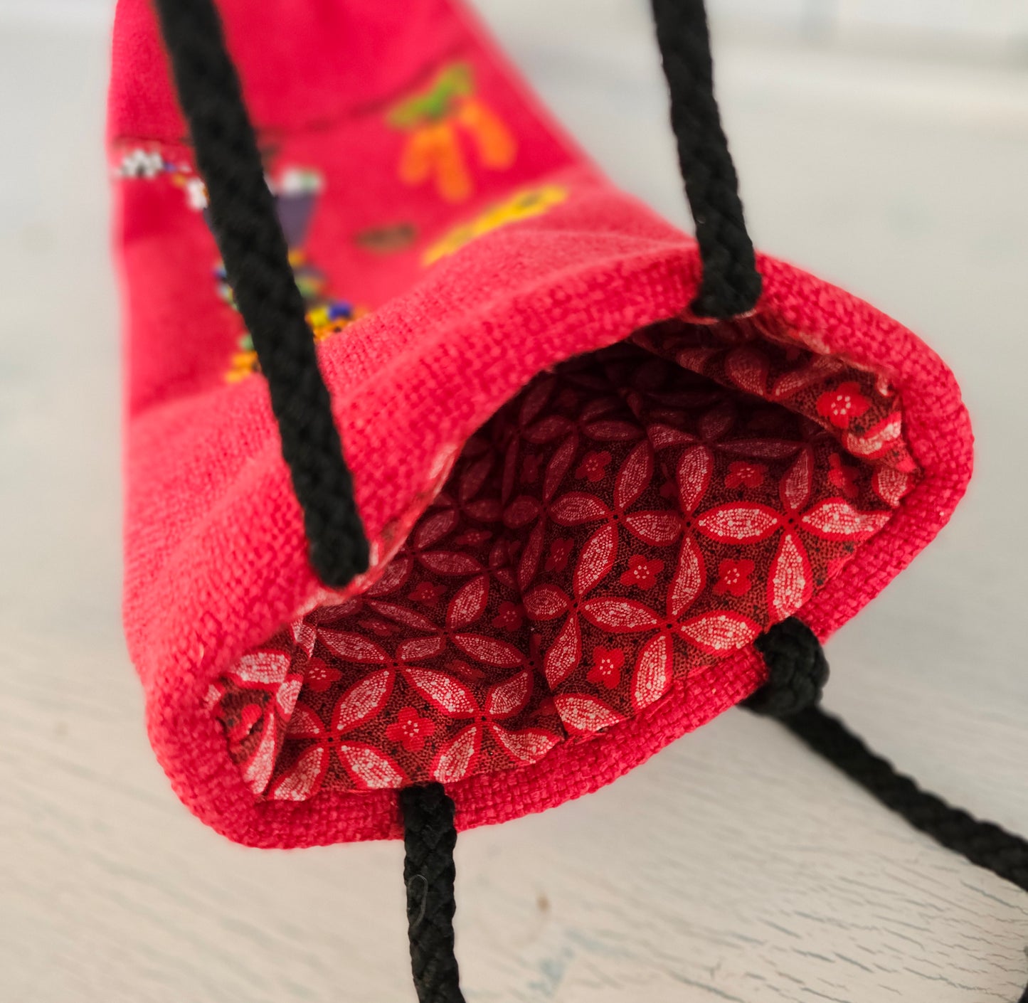 Beaded, hand painted wine bag lined with shweshwe