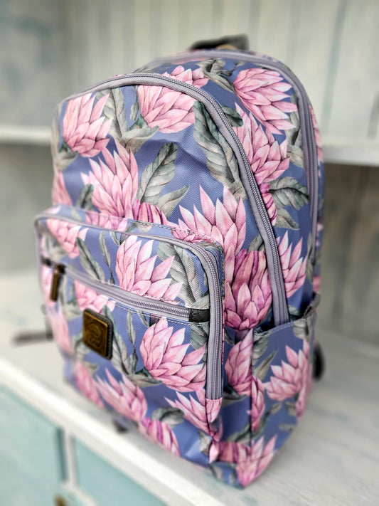 Backpack - Purple with pink proteas